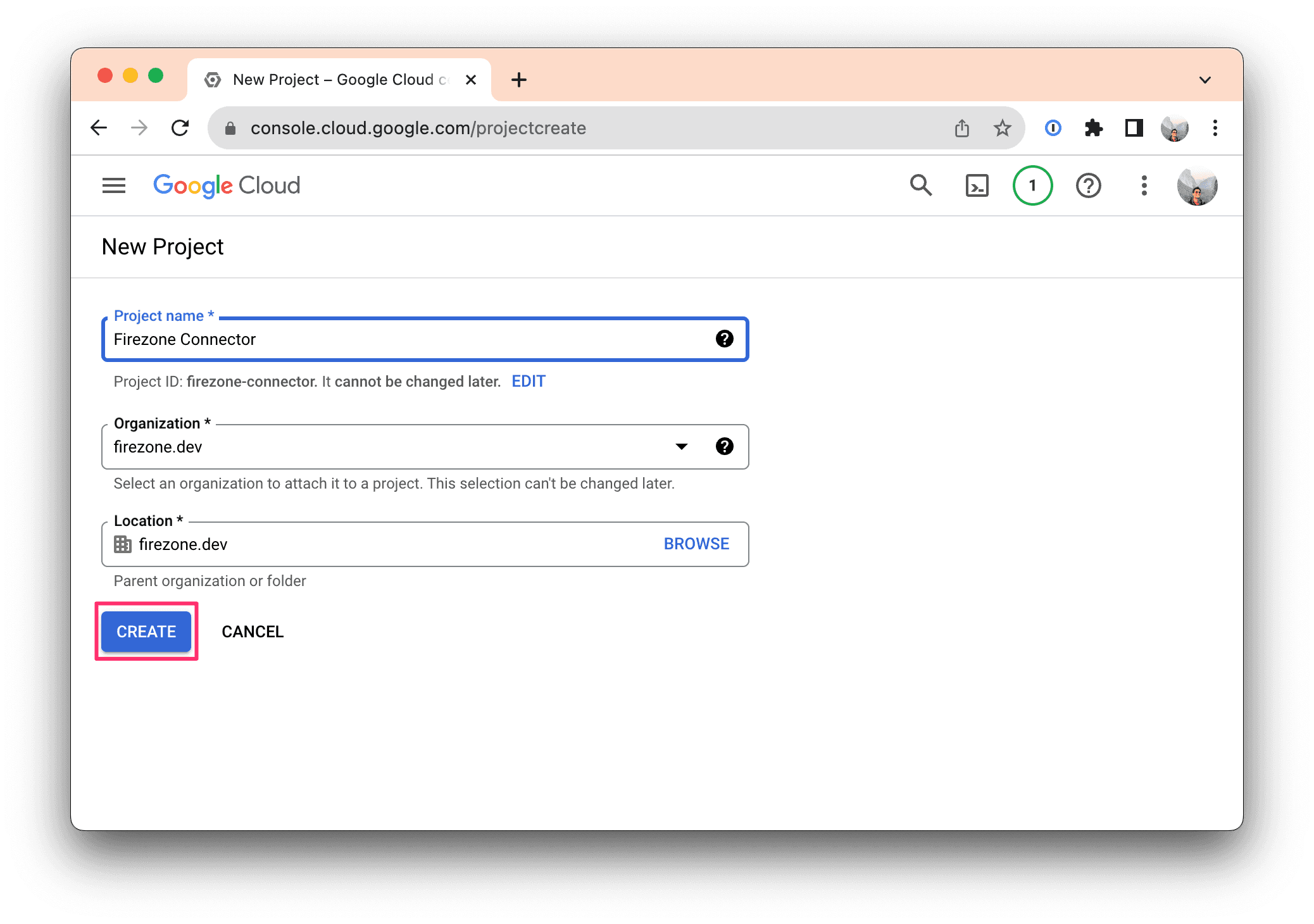 Create project in GCP